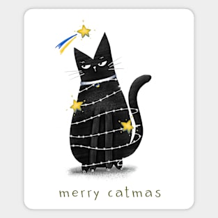 Cartoon black cat in New Year's garlands and the inscription "Merry Catmas". Magnet